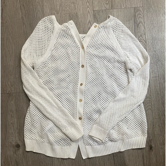 Michael Kors Open Knit Sweater, White with Gold Buttons, M - Picture 3 of 9